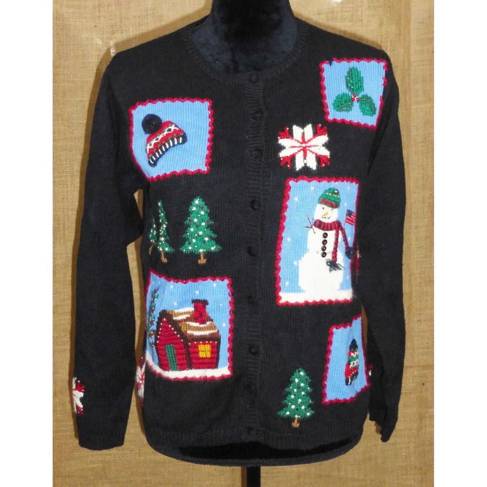 Ugly Christmas sweater Marisa Christina snow man w/bell petite cardigan tree